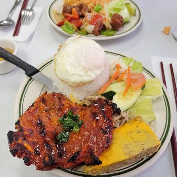 Grilled Pork Chop with Fried Egg and Rice